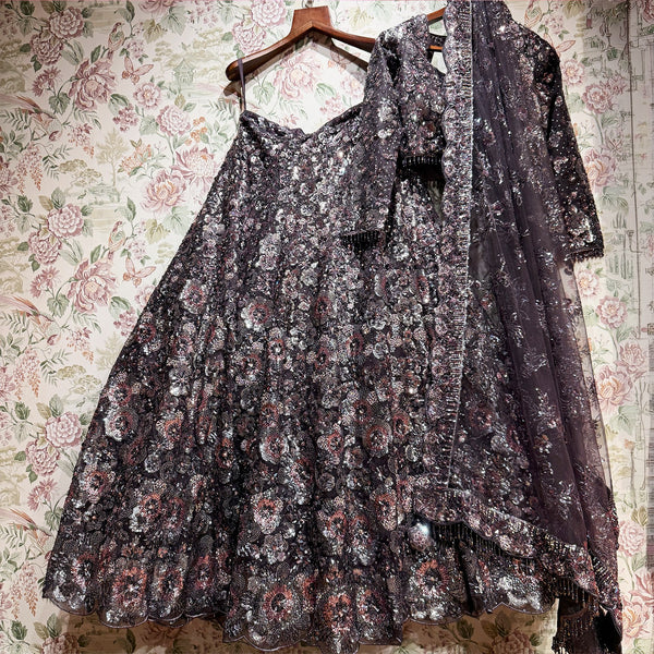 Wine sequin floral lehenga set on hangers with net dupatta and stonework blouse