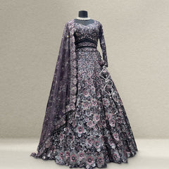 Wine sequin work Celestial lehenga set with blouse and net dupatta on mannequin