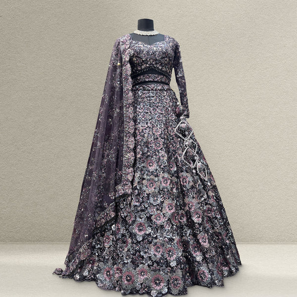 Wine sequin floral lehenga set with net dupatta, long-sleeve blouse on mannequin