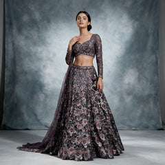 Wine sequin and stone work floral lehenga with full-sleeve blouse and net dupatta, worn