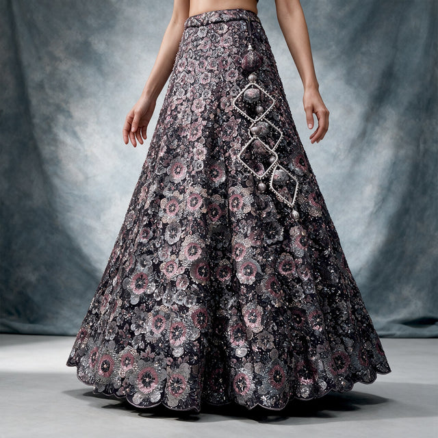 Wine lehenga skirt with pink and silver sequin flowers, stone work and silver diamond drops at the waist