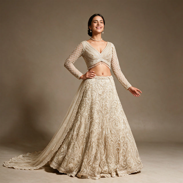 Ivory net cutdana handwork lehenga with wrap blouse and heavy net dupatta with train, worn