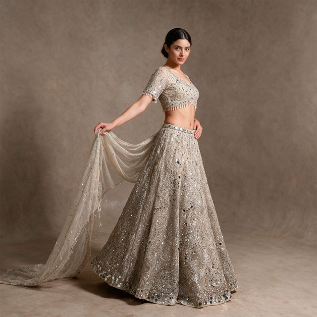 Champagne mirror work lehenga with mirror blouse, pearl fringe and trailing net dupatta, worn