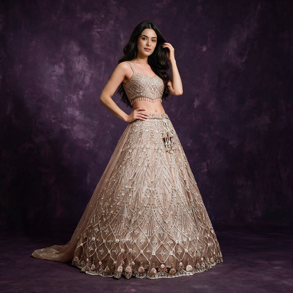 Nude embellished lehenga with diamond lattice sequin and bead work, sleeveless bodice