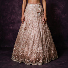 Nude diamond-lattice sequin and bead lehenga skirt with scalloped hem