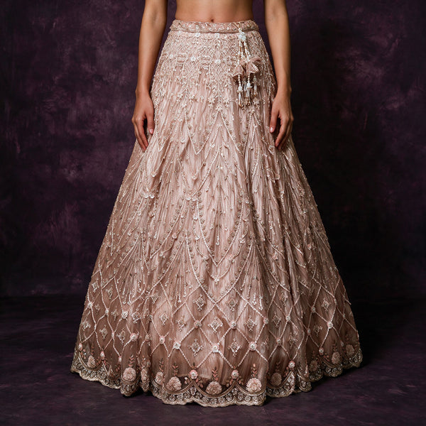 Nude diamond-lattice sequin and bead lehenga skirt with scalloped hem