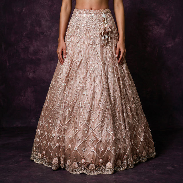 Nude diamond-lattice sequin and bead lehenga skirt with scalloped hem