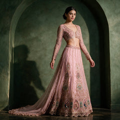 Baby pink net lehenga with beaded panels, medallion border, full-sleeve handwork blouse and heavy net dupatta