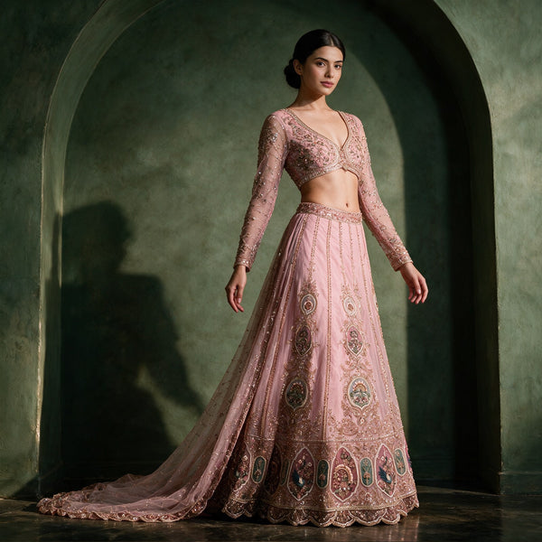 Baby pink embellished lehenga with long sleeves and embroidered bodice