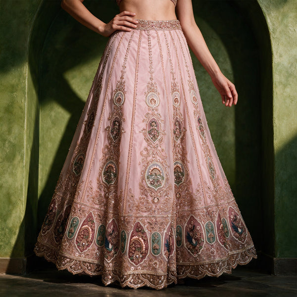 Baby pink net lehenga skirt with gold embroidery and oval medallion borders