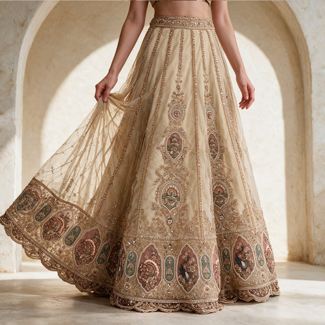 Ivory net lehenga skirt with bead-lined panels, framed floral medallions and scalloped hem