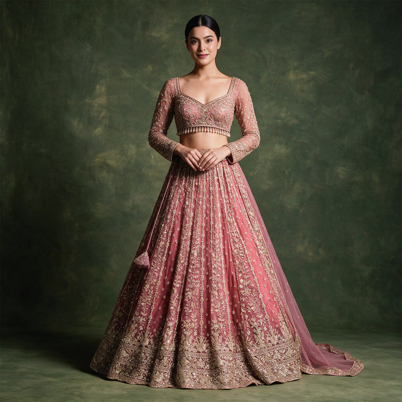Cherry Blossom - Dusty Rose Pink Cutdana & Pearl Handwork Ready to Wear Lehenga with Net Dupatta for Engagement & Sangeet