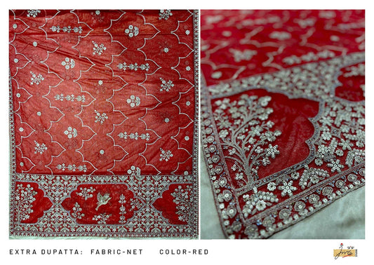 Red Net Dupatta: Bird Motifs, Zari & Stone Work JMS Studio {{ Royal Red Bridal Lehenga}}