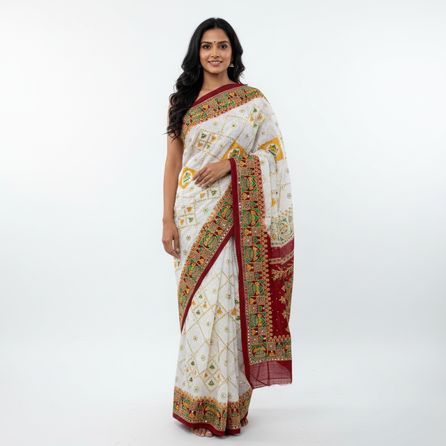 White saree with green-and-maroon printed border and gold accents, draped on model.