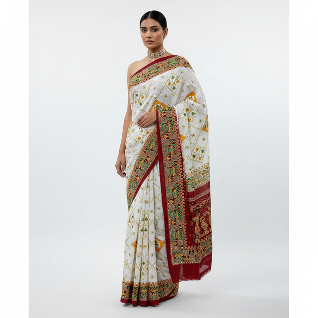 White saree with one-shoulder drape, green motifs and maroon-gold border on model.