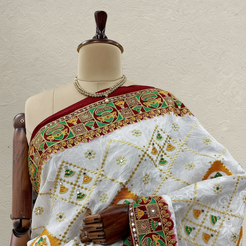 Close-up of white saree fabric with green, maroon and gold motif border over drape.
