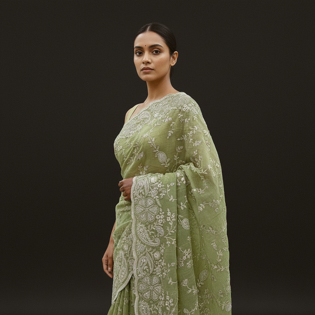 Olive green georgette saree with floral motifs and embellished border on pallu.