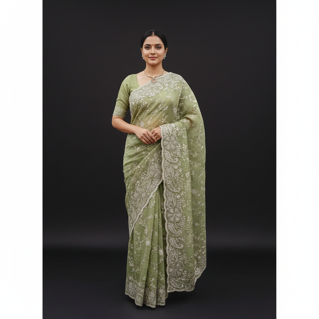 Olive green georgette party saree with ornate stonework border drape.
