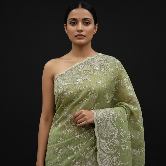 Olive green georgette saree pallu with detailed stonework motifs and floral accents.