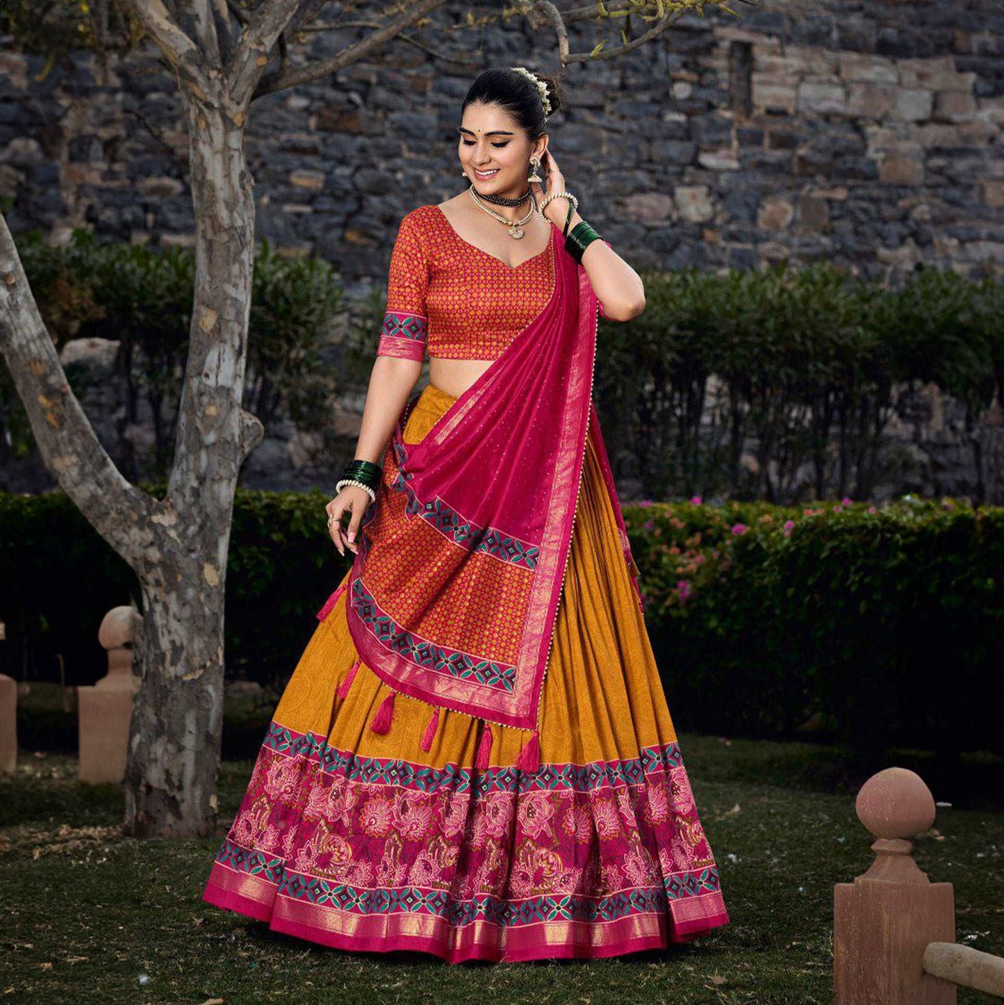 Doli - Mustard Shade Digital Print Silk Lehenga Choli