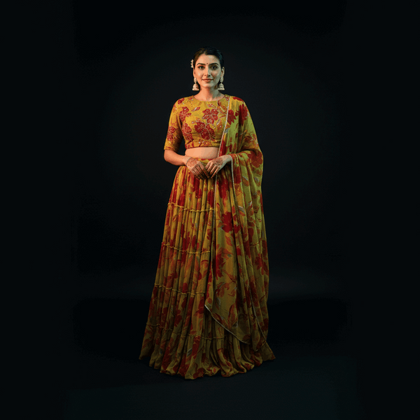 Butterfly - Chiffon Floral Print Flared Lightweight Lehenga Choli Yellow