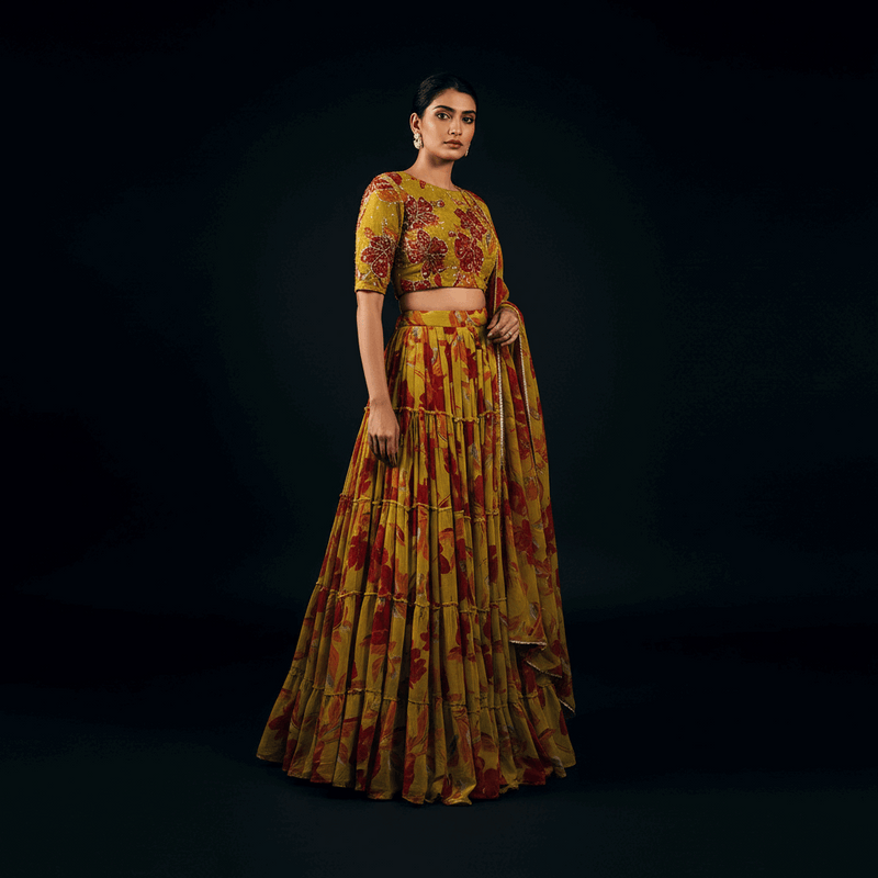 Butterfly - Chiffon Floral Print Flared Lightweight Lehenga Choli Yellow