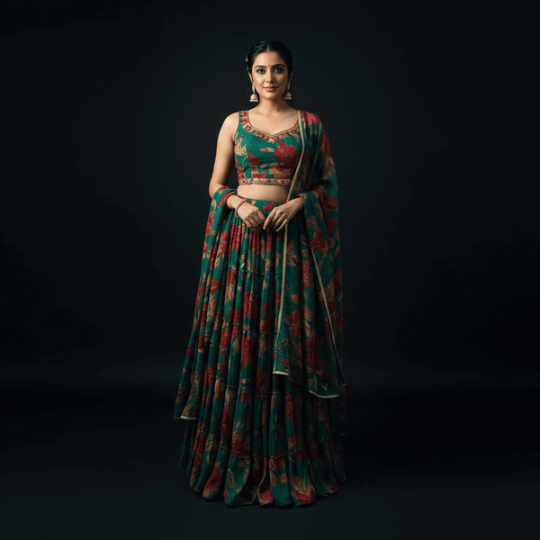 Butterfly - Chiffon Floral Print Flared Lightweight Lehenga Choli Green