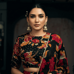 Butterfly - Chiffon Floral Print Flared Lightweight Lehenga Choli Black