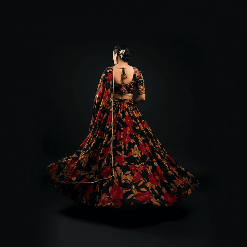 Butterfly - Chiffon Floral Print Flared Lightweight Lehenga Choli Black