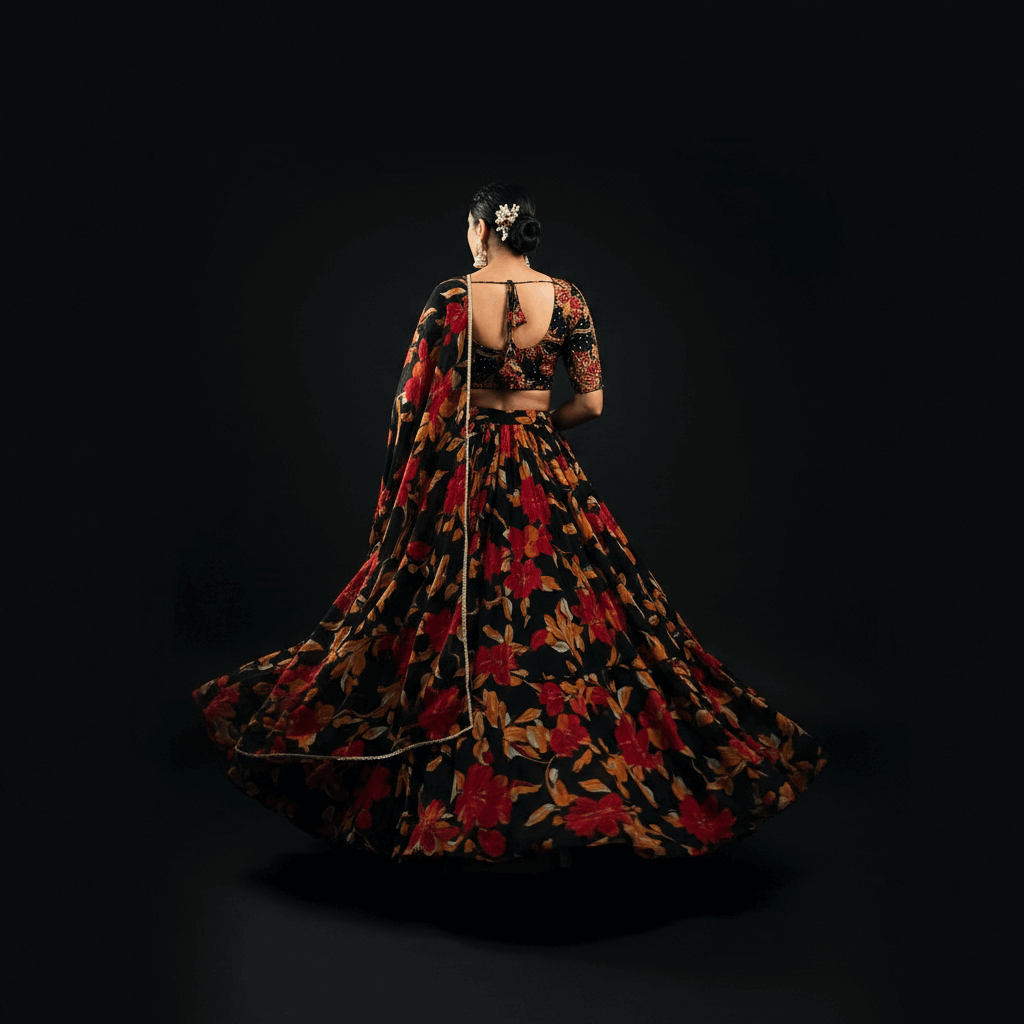 Butterfly - Chiffon Floral Print Flared Lightweight Lehenga Choli Black