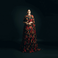 Butterfly - Chiffon Floral Print Flared Lightweight Lehenga Choli Black