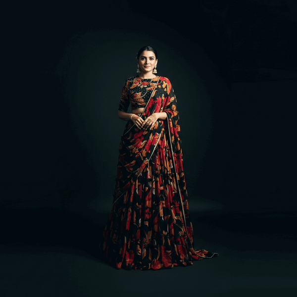 Butterfly - Chiffon Floral Print Flared Lightweight Lehenga Choli Black