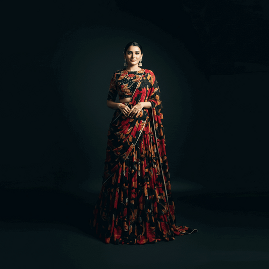 Butterfly - Chiffon Floral Print Flared Lightweight Lehenga Choli Black
