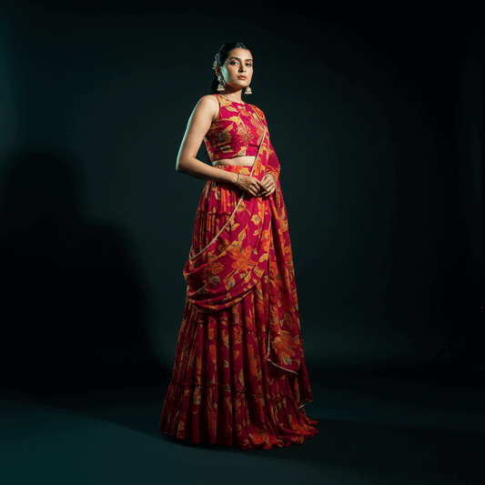 Butterfly - Chiffon Floral Print Flared Lightweight Lehenga Choli Pink