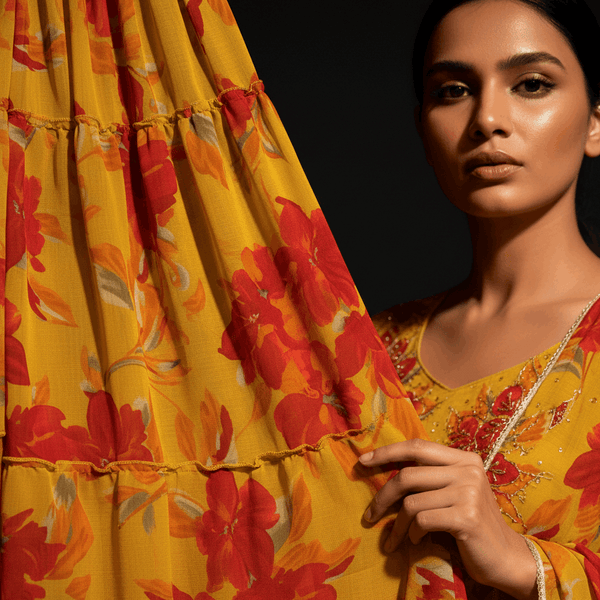 Butterfly - Chiffon Floral Print Flared Lightweight Lehenga Choli Yellow