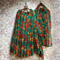Butterfly - Chiffon Floral Print Flared Lightweight Lehenga Choli Green