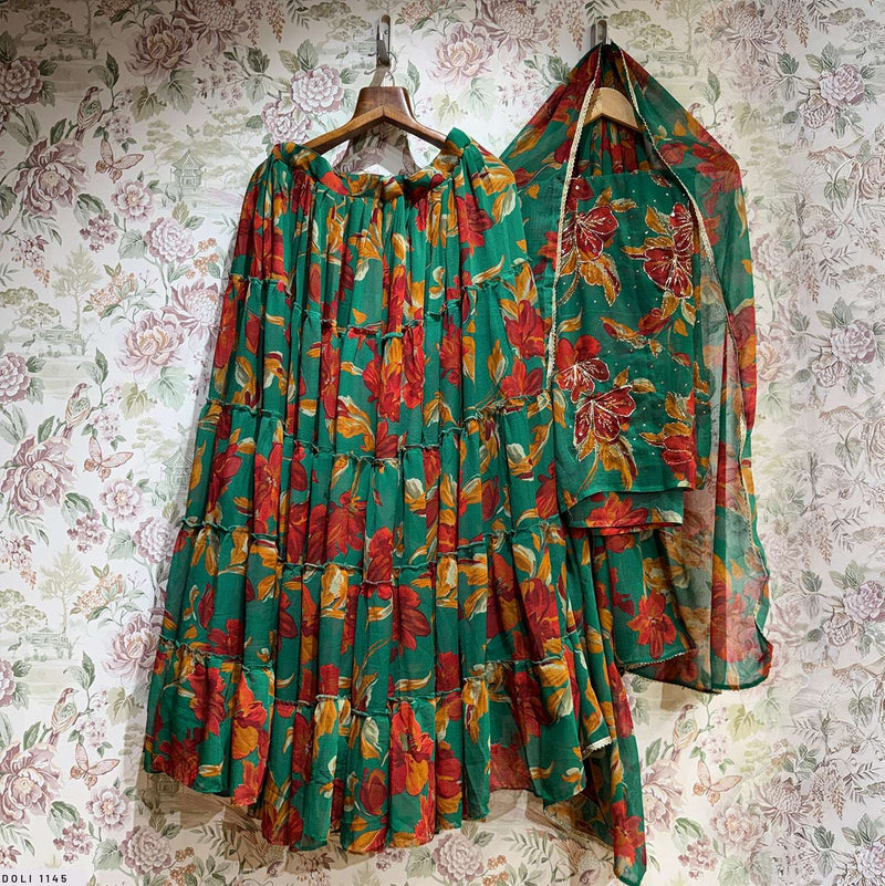 Butterfly - Chiffon Floral Print Flared Lightweight Lehenga Choli Green