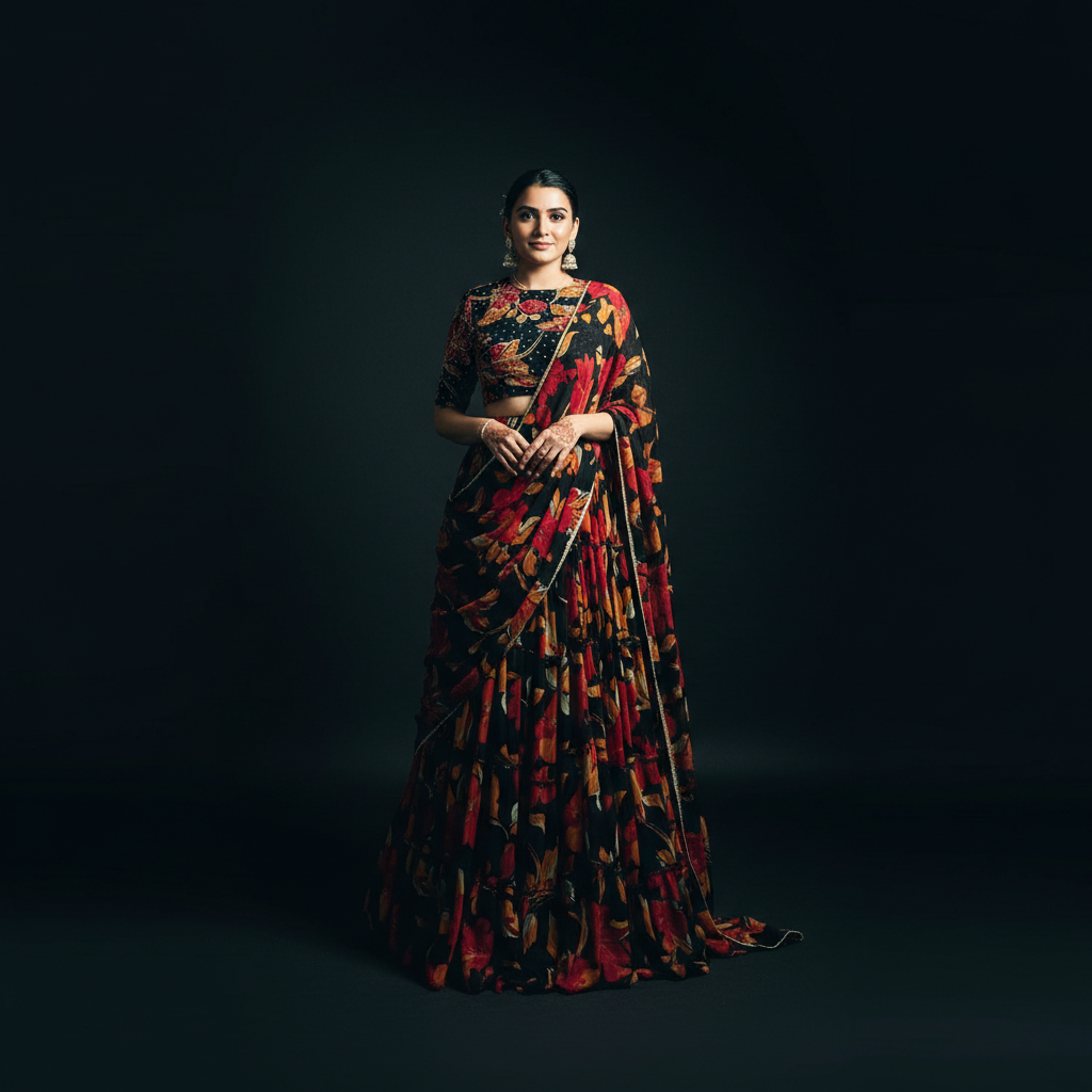 Butterfly - Chiffon Floral Print Flared Lightweight Lehenga Choli Black