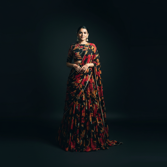 Butterfly - Chiffon Floral Print Flared Lightweight Lehenga Choli Black