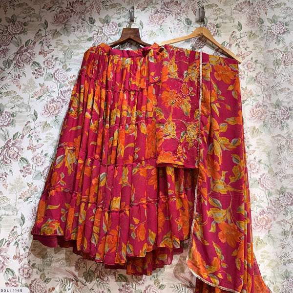 Butterfly - Chiffon Floral Print Flared Lightweight Lehenga Choli Pink