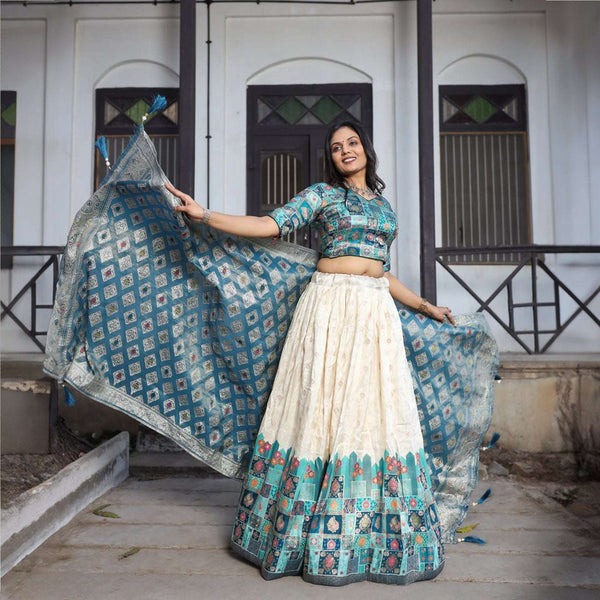 Gulaal - Blue Ikat Multicolor Viscose Silk Position Print Lehenga Set