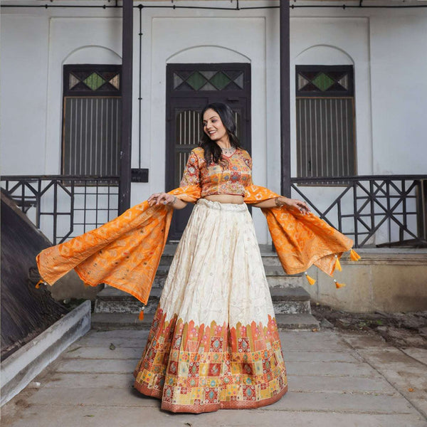 Gulaal - Yellow Ikat Multicolor Viscose Silk Position Print Lehenga Set