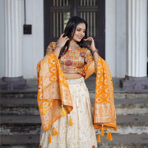 Gulaal - Yellow Ikat Multicolor Viscose Silk Position Print Lehenga Set