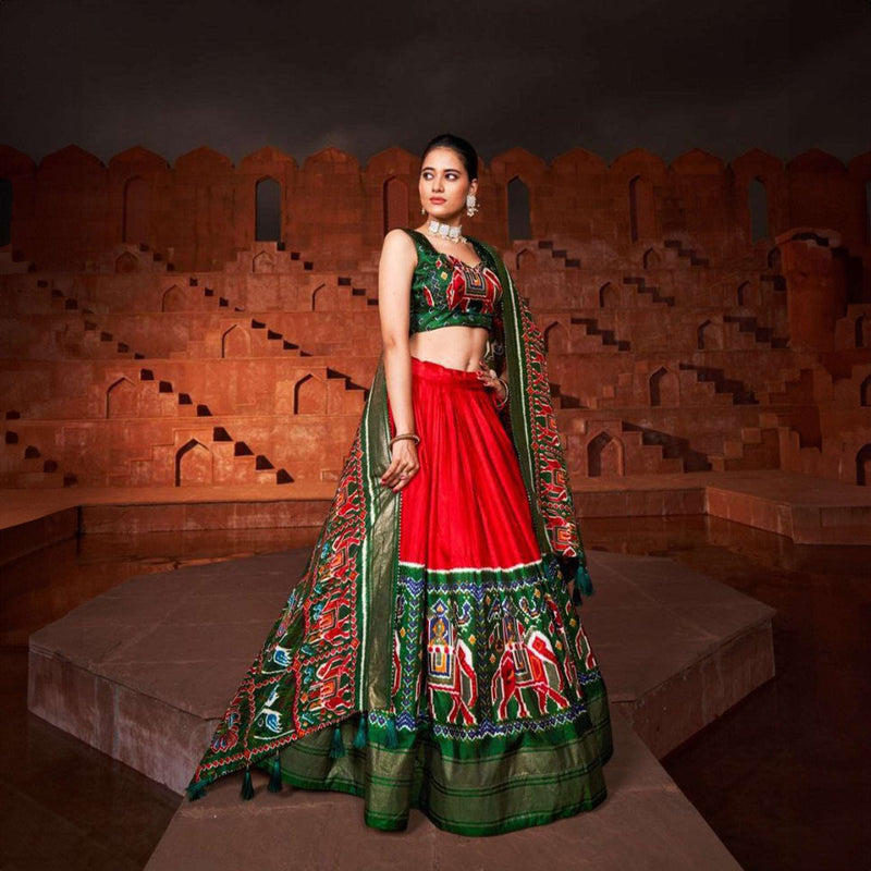 Doli - Patola Style Red Digital Print Silk Lehenga Choli JMS Studio {{ Royal Red Bridal Lehenga}}