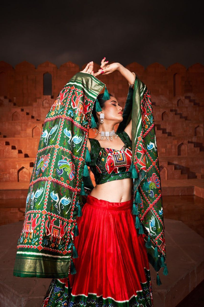 Doli - Patola Style Red Digital Print Silk Lehenga Choli JMS Studio {{ Royal Red Bridal Lehenga}}