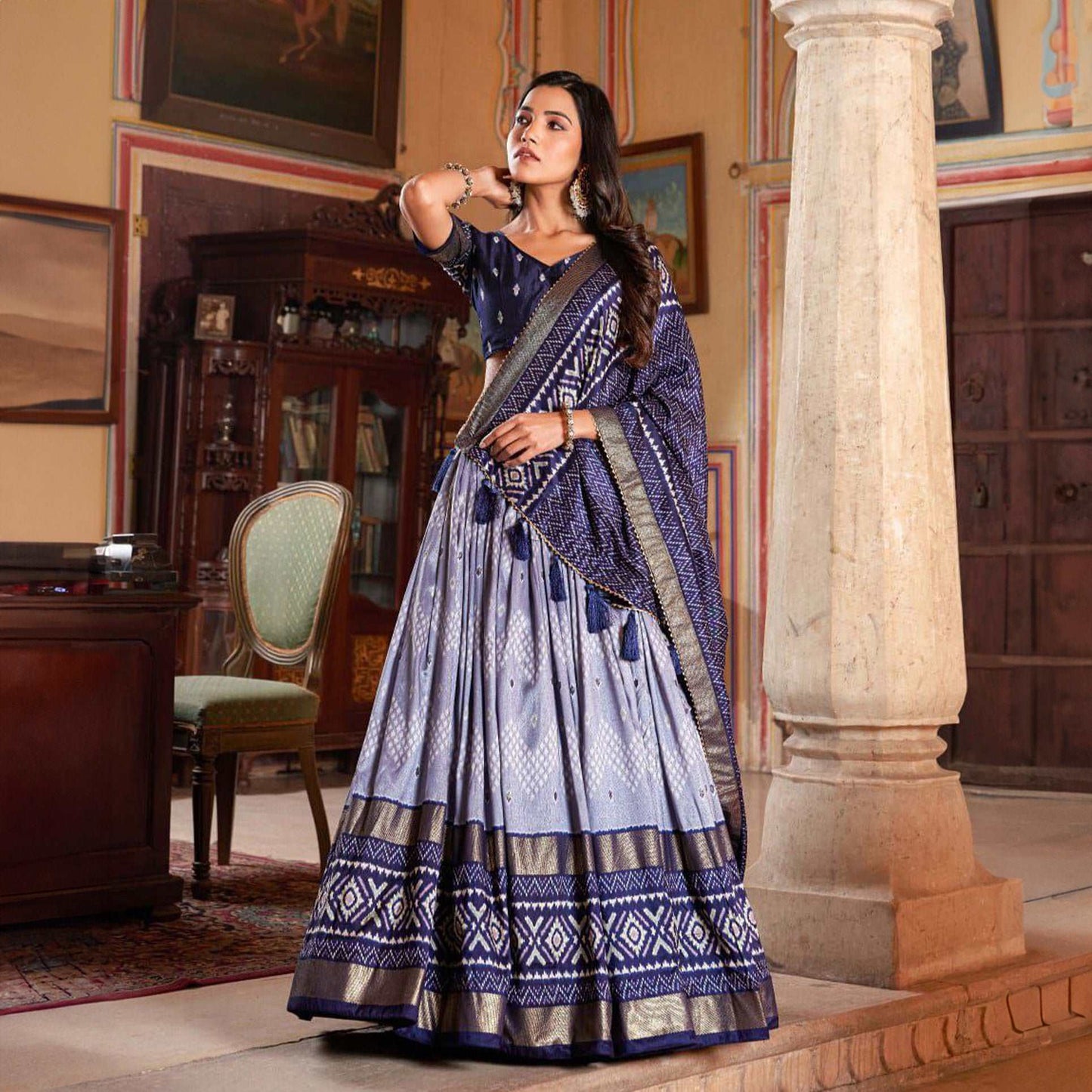 Doli - Sage Blue Digital Print Silk Lehenga Choli