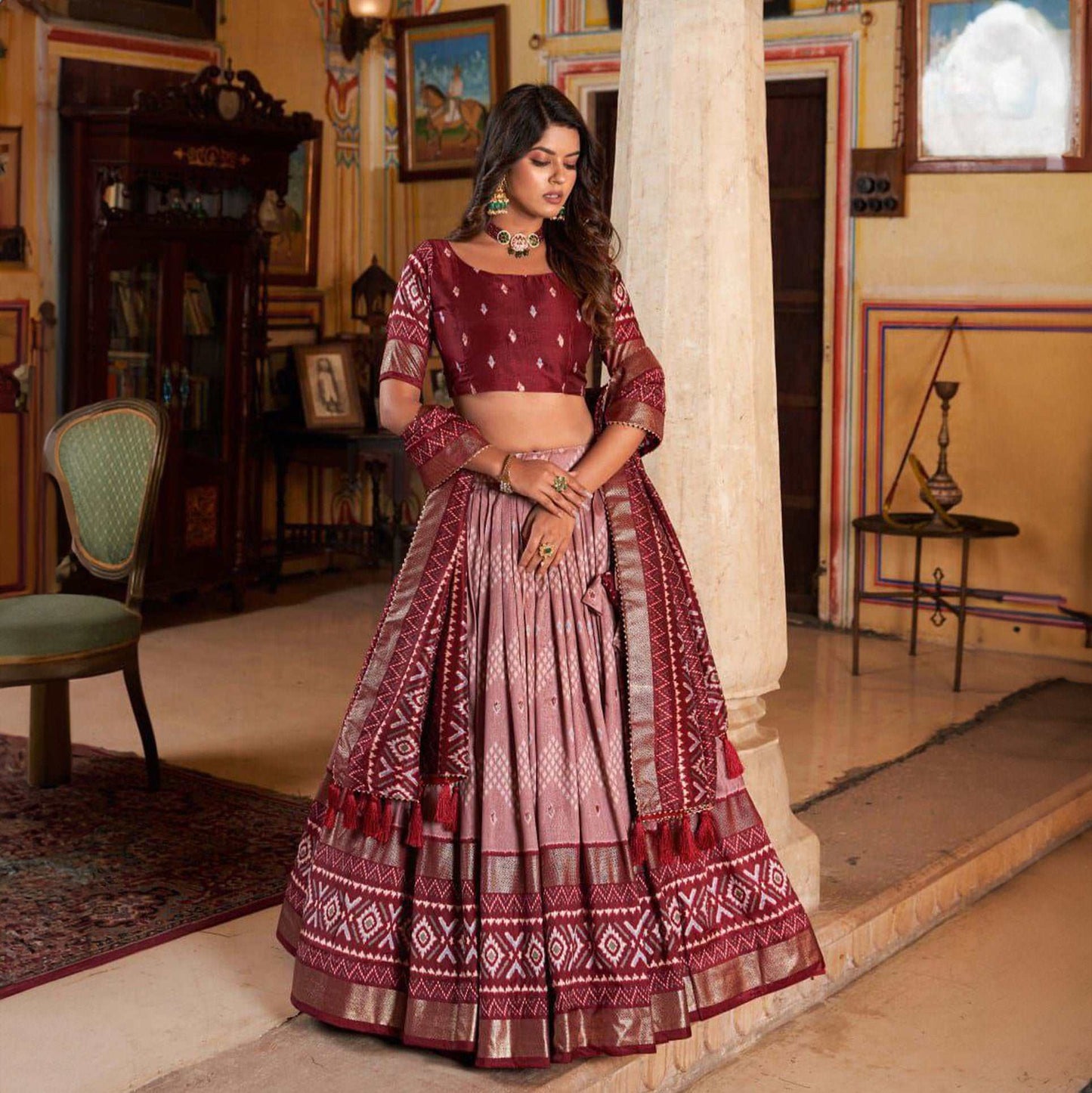 Doli - Soft Maroon Digital Print Silk Lehenga Choli