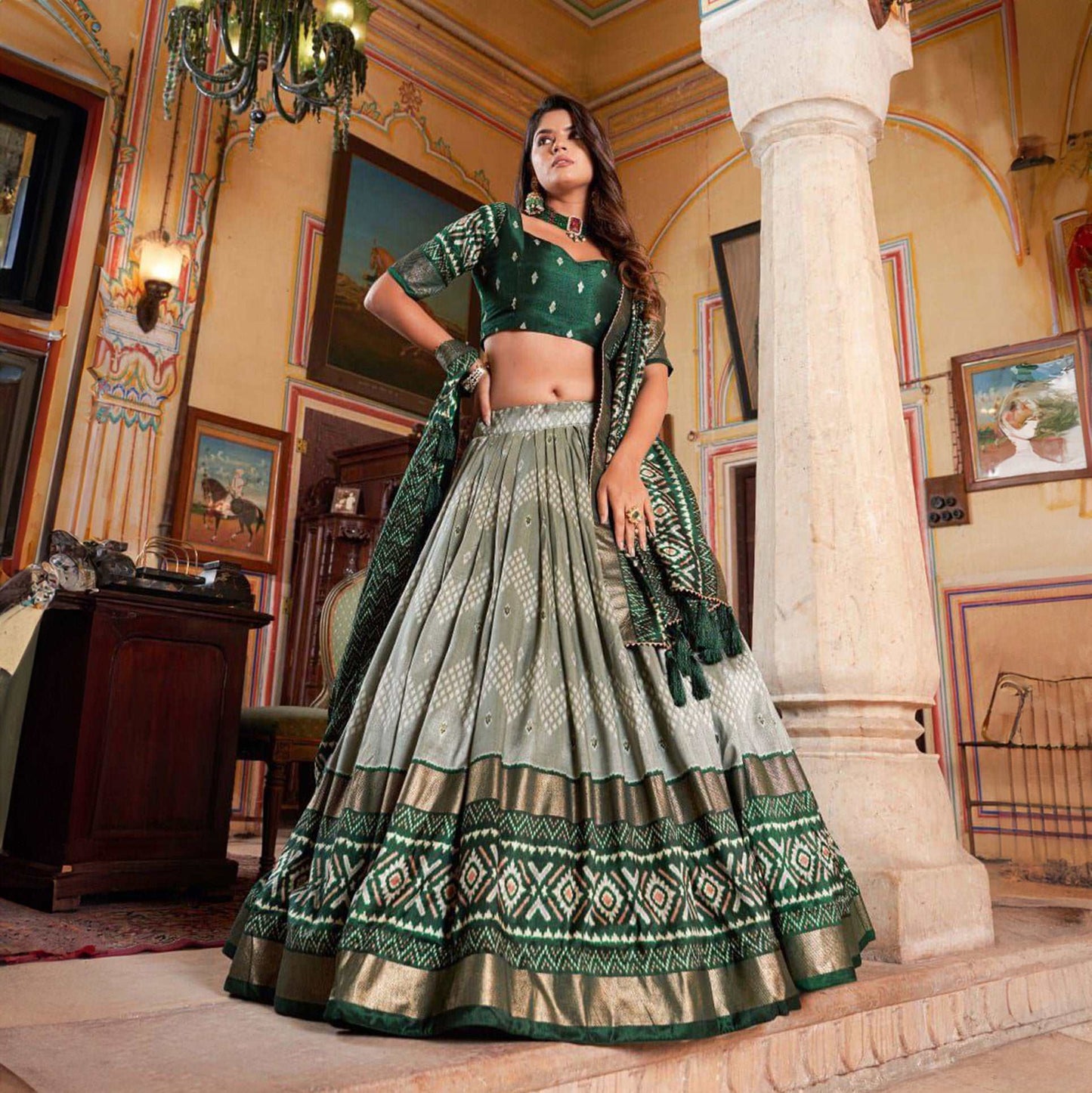 Doli - Sage Green Digital Print Silk Lehenga Choli