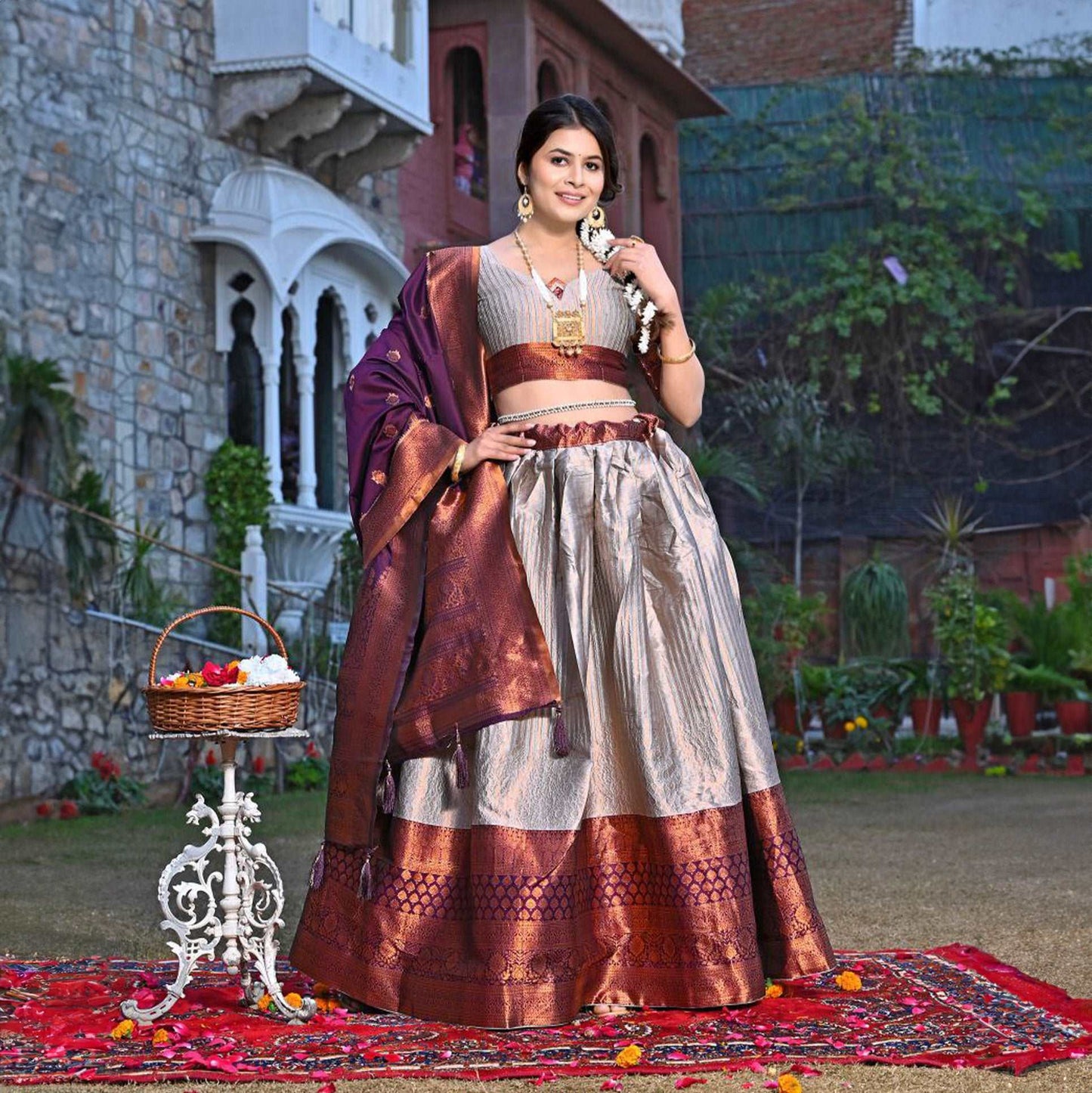 Doli - Silver Jacquard Silk Lehenga Choli