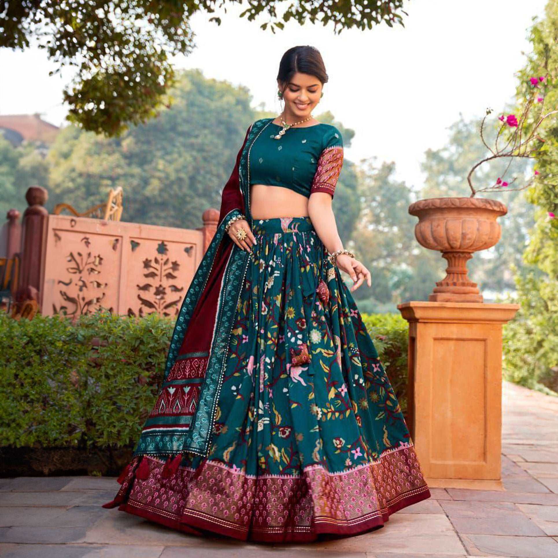 Doli - Peacock Blue Digital Print Silk Lehenga Choli